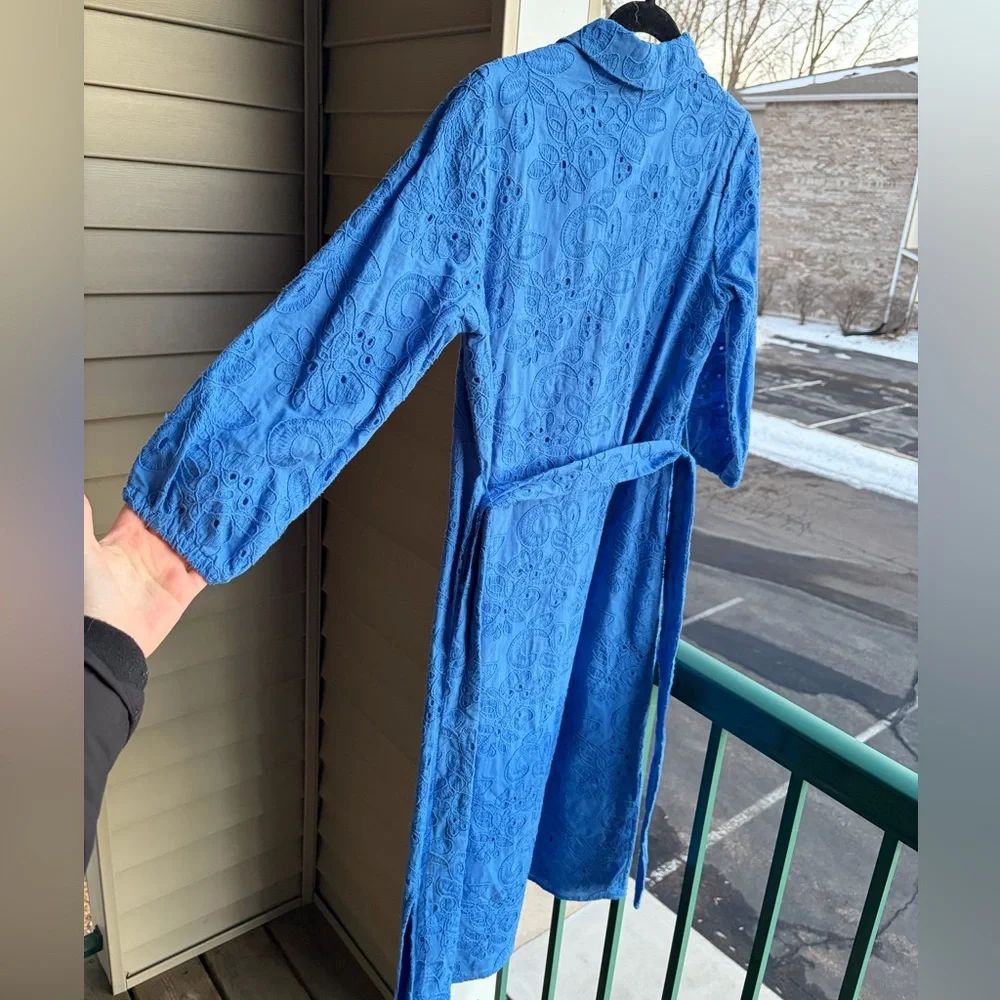 🆕 Tahari Spring Blue Embroidered Shirt Dress XS Belted Button Front Midi Cotton - Picture 7 of 17